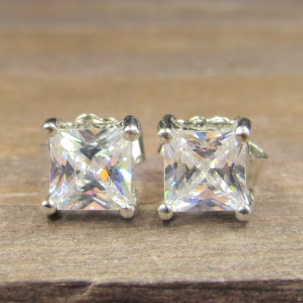 Sterling Mini Clear Square CZ Gem Stud Earrings